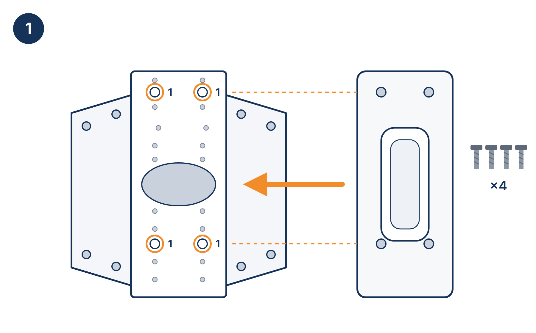 Wall mount aligned with the four holes marked 1 on the corner bracket