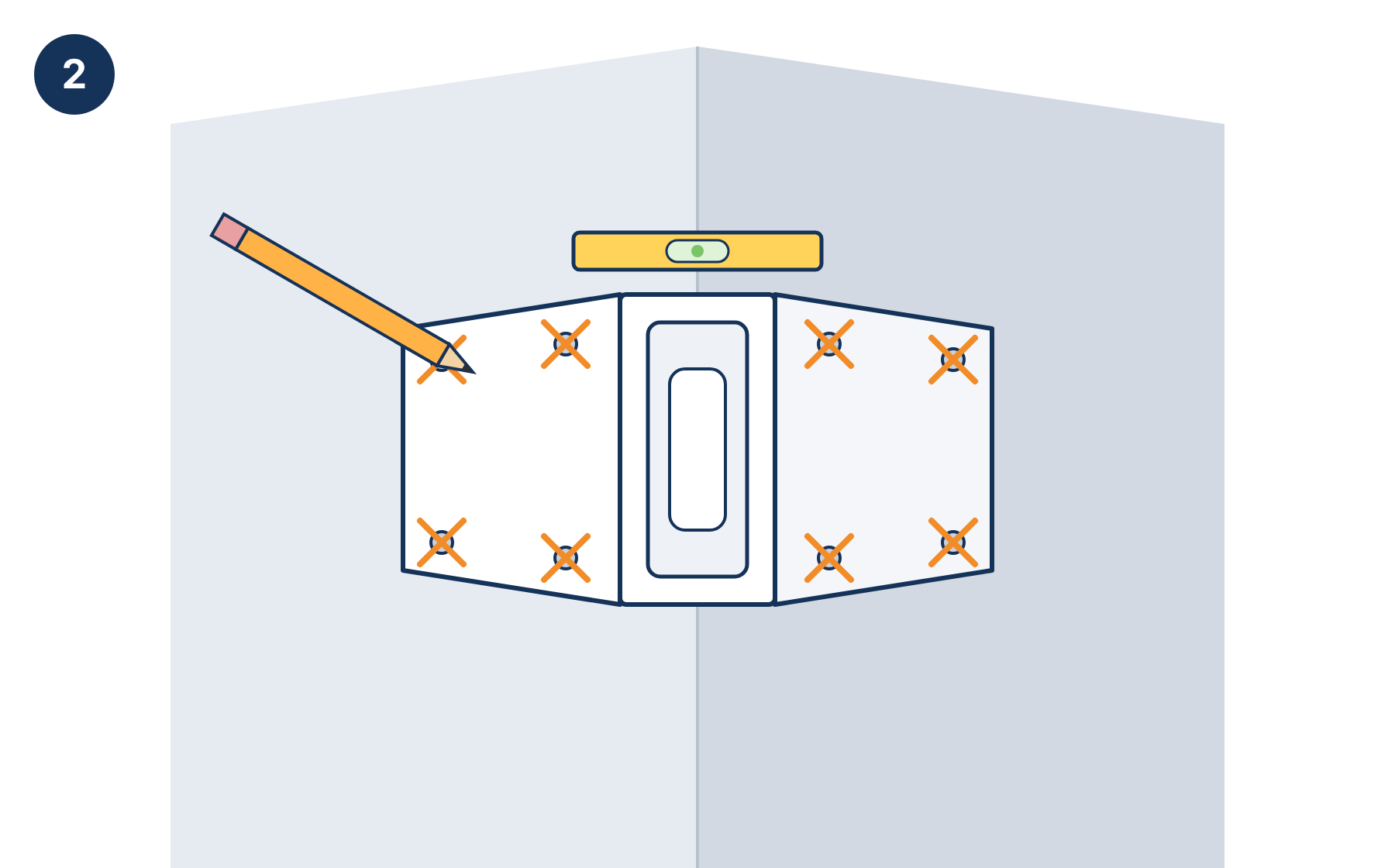 Bracket held against the corner with a spirit level, all eight holes marked with a pencil