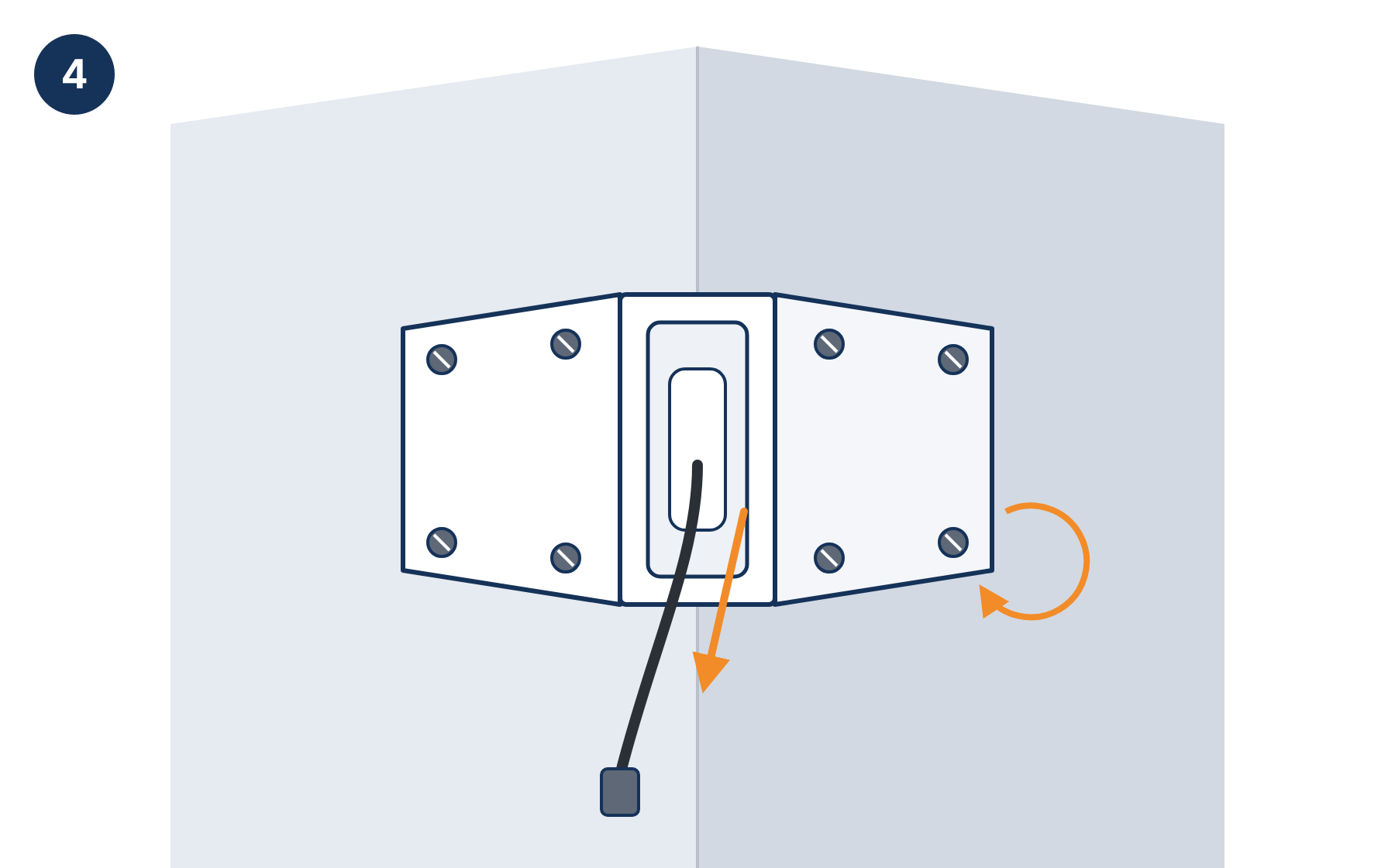 Cable passed through the opening in the bracket, bracket screwed to both walls