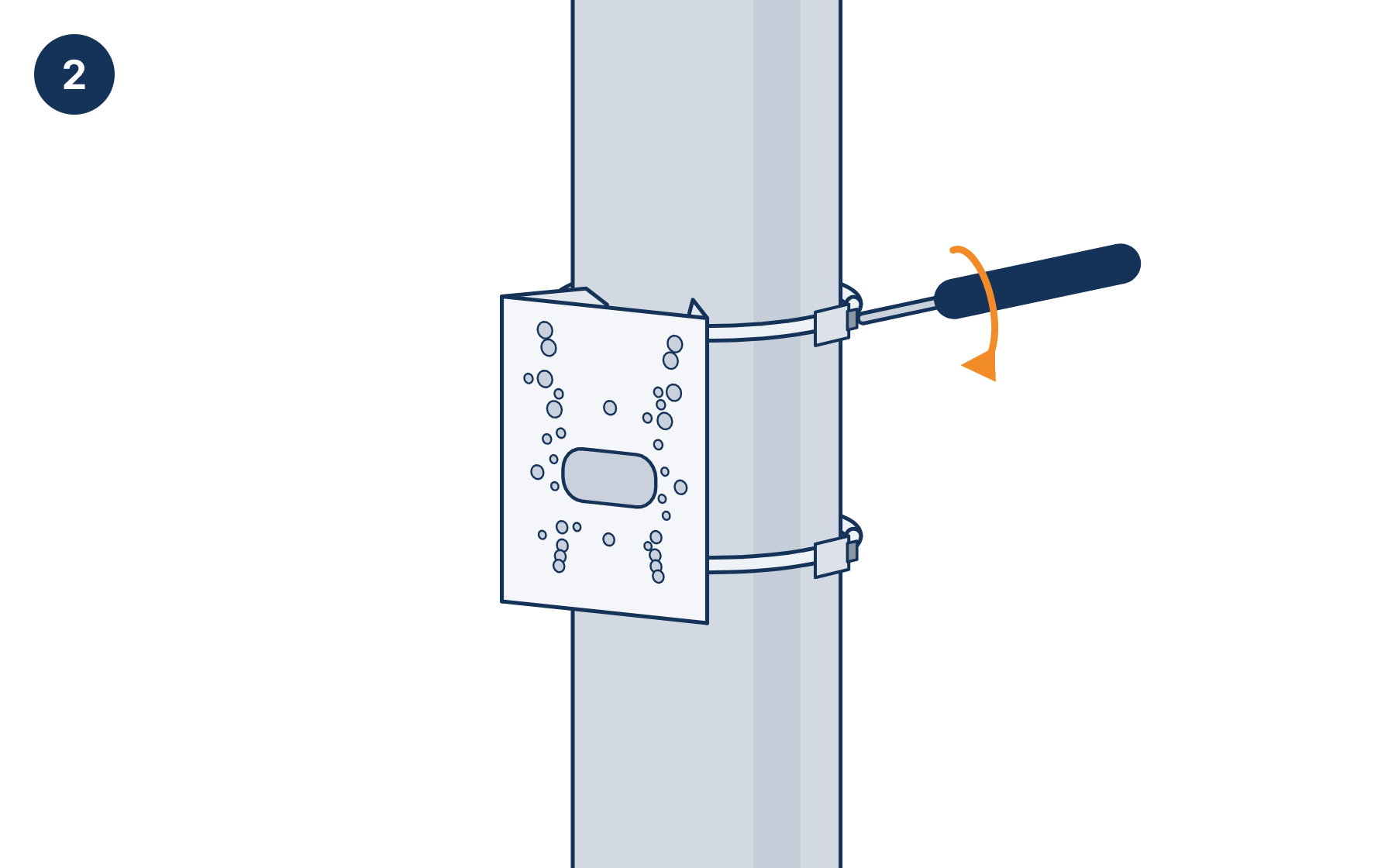 Pole mount clamped to a pole, a screwdriver tightening the upper clamp
