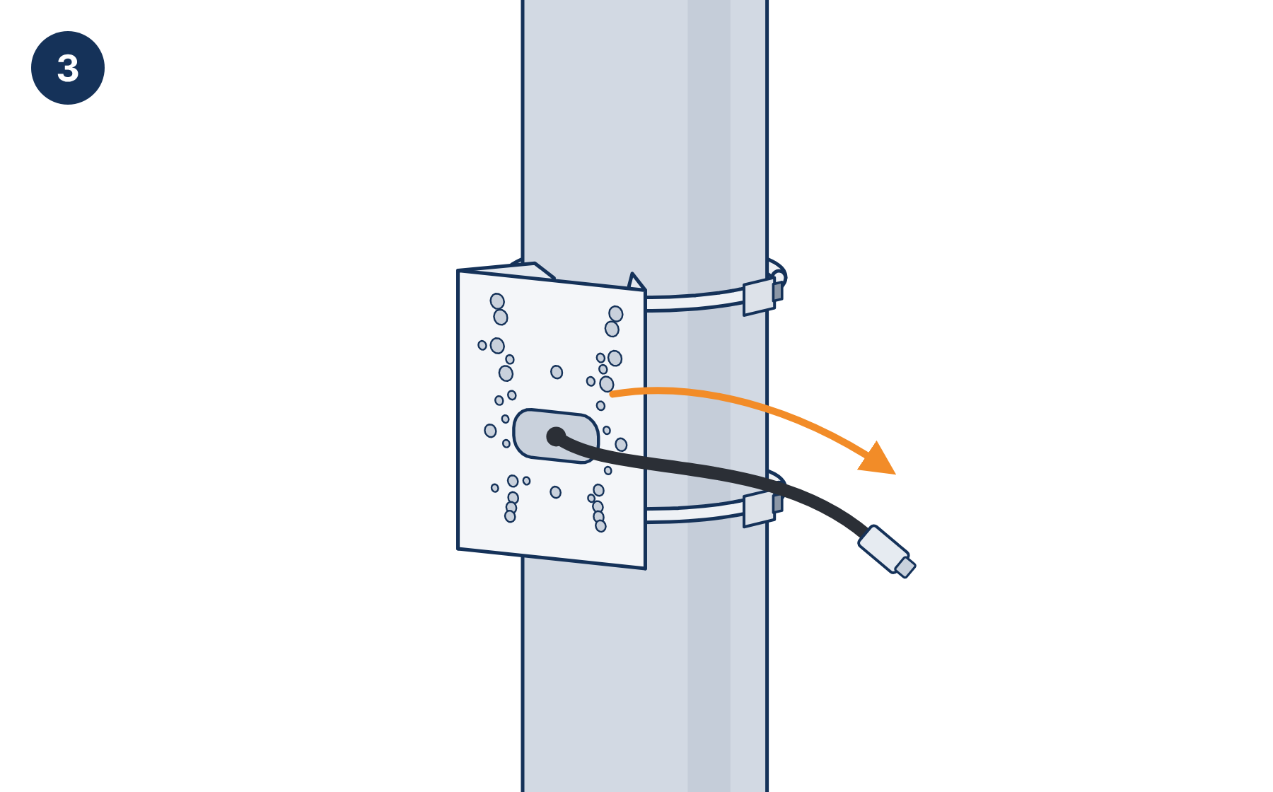 Network cable pulled out through the oval opening in the pole mount