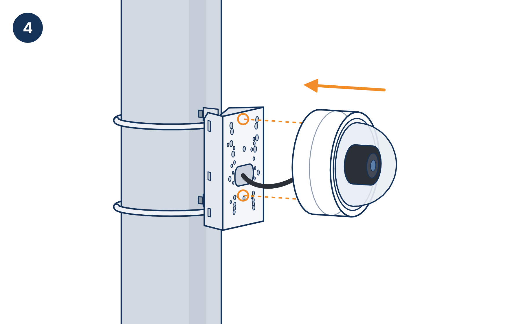 Dome camera lined up with the matching holes on the plate of the pole mount