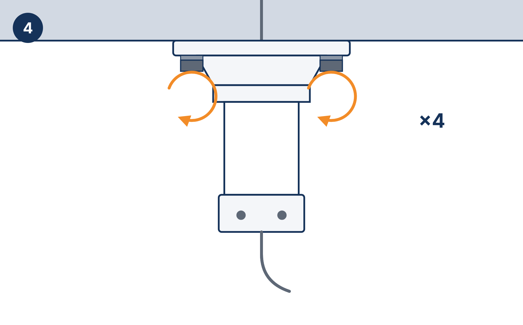 Ceiling bracket over the four bolts, the nuts being tightened, the network cable coming out of the tube